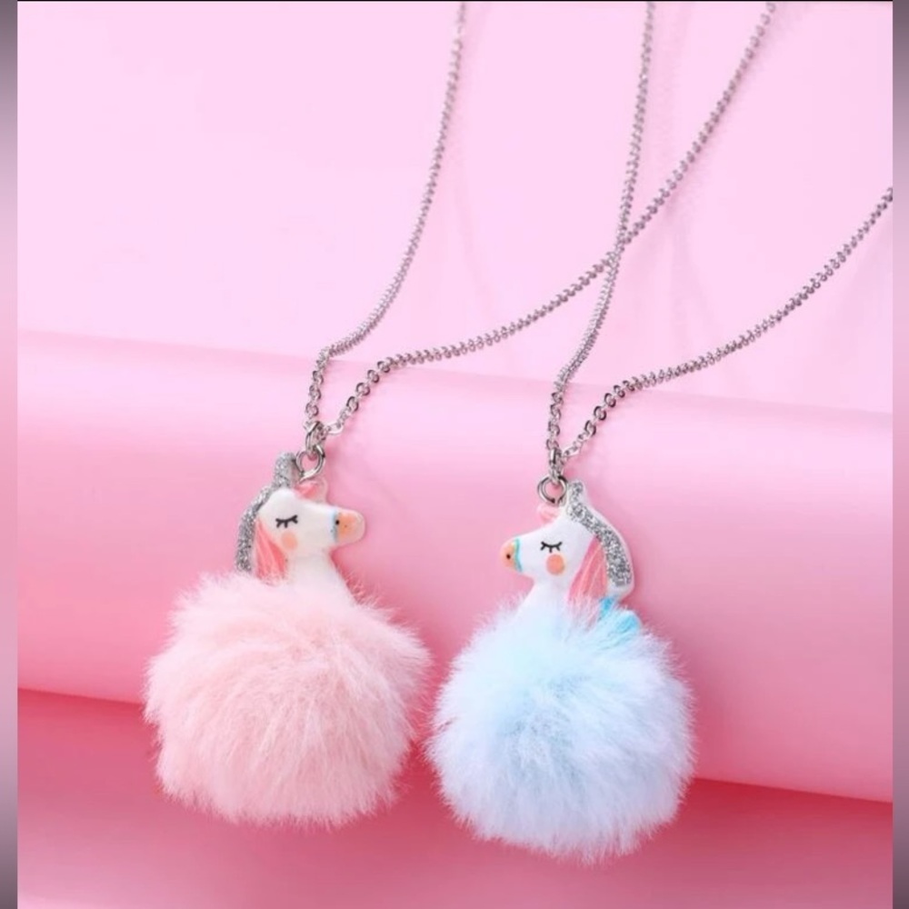2pcs Toddler Girls' Cute Plush Ball & Resin Unicorn Pendant Necklaces For Autumn
